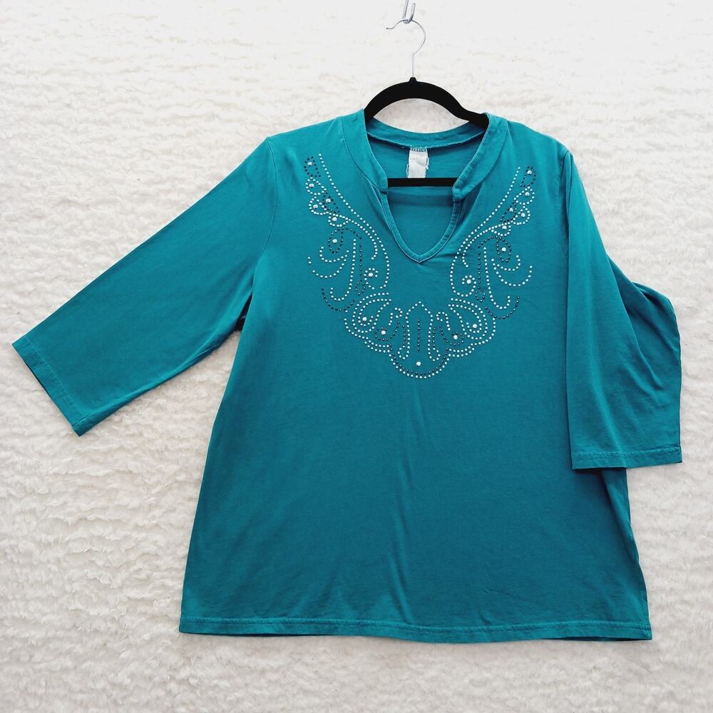 T-Shirt Women Teal Studded Rhinestone Scroll Western Indie Festivalcore Size M